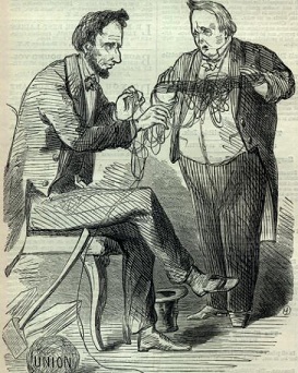 1860 cartoon of 15th President James Buchanan handing over a mess to 16th President Abraham Lincoln.