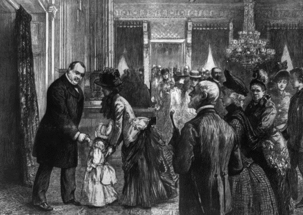 Grover Cleveland shakes hands with kids and adults in the East Room.