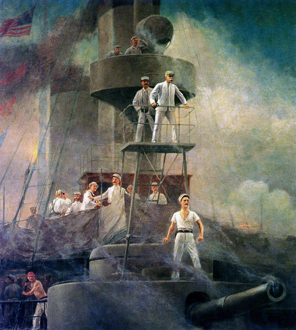 The sweeping and dramatic landscaped oil painting of Dewey with the crew of the Olympia looking down the Spanish fleet.
