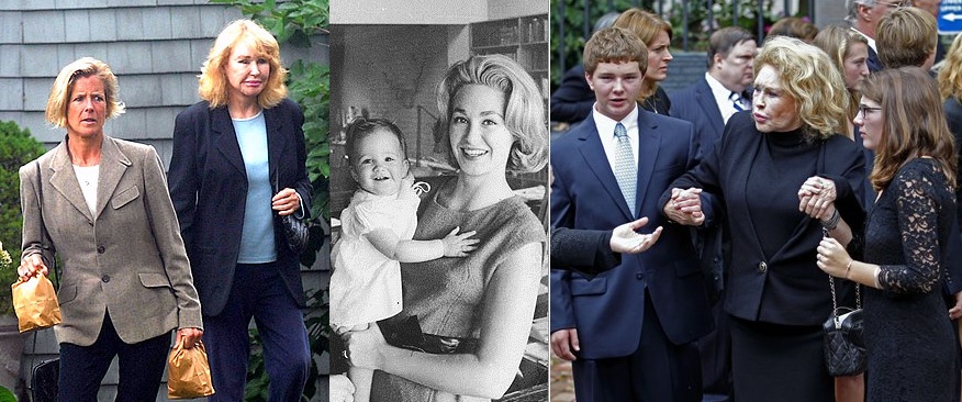 Joan Kennedy at her Kennedy Compound home with daughter Kara shortly before her 2011 death, holding her as a child 1963 and at her 2011 funeral holdig the hands of her grandchildren, Kara's children.