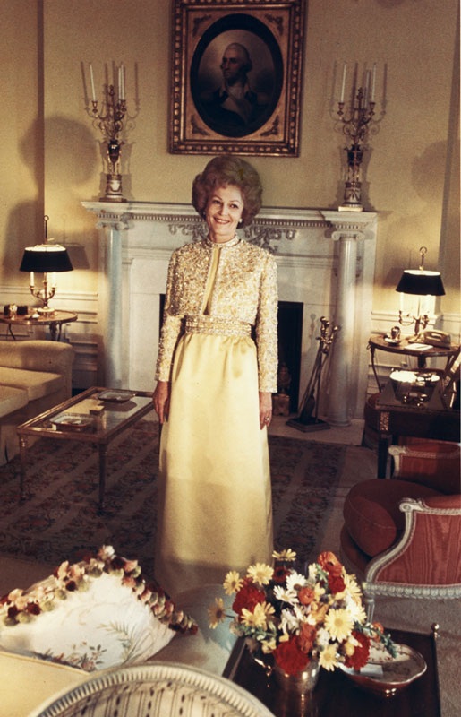 29. Mrs. Nixon in her 1969 Inaugural Ball dress, in the White House Yellow Oval Room.