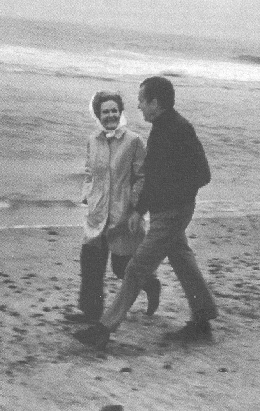 36. The first First Lady to be publicly seen wearing pants, Pat Nixon strolls with her husband along the Pacific shore, familiar to both since childhood.