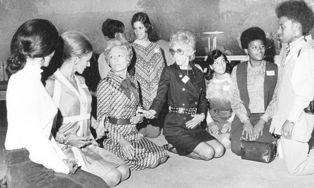 32. While the Women's Lib movement was caricatured as radical, Pat Nixon supported many of its intentions; here she joins a yoga demonstration during a women's health advocacy meeting.