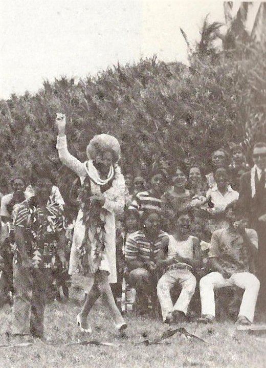 51. Always game to participate in native customs, the First Lady joins a Hawaiian traditional dance, 1972.