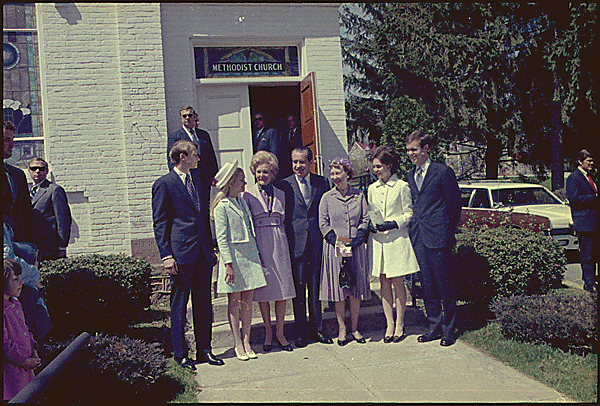 56. The Nixons and Mamie Eisenhower attend Easter Services near Camp David in Thurmont Maryland, April 11, 1971.
