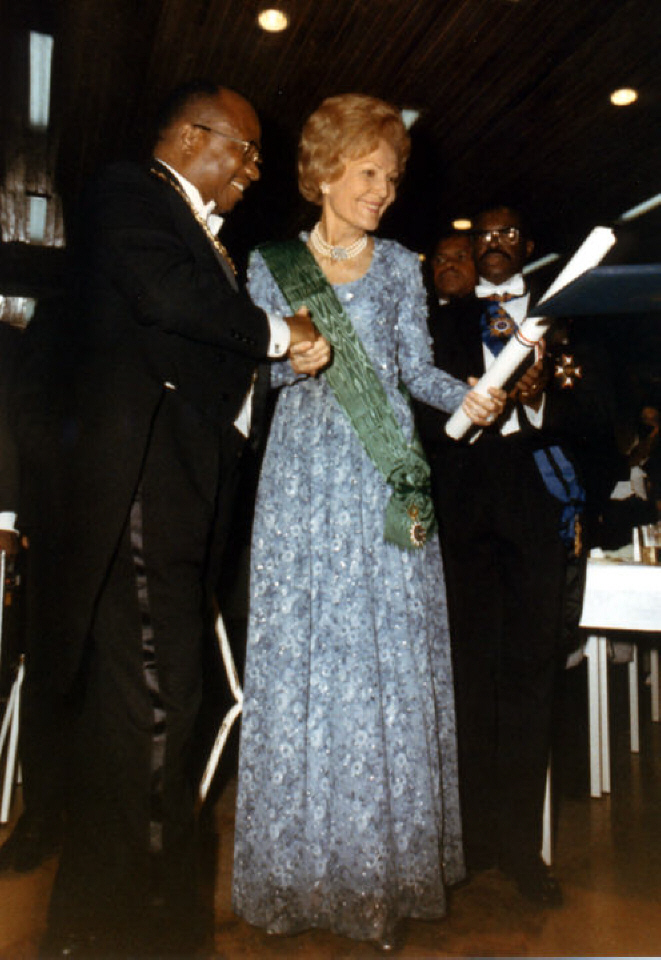 66. Pat Nixon receiving an award in Lima for her humanitarian effort towards the Peruvian earthquake victims.