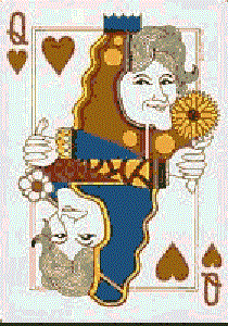 85. Depicted as the Queen of Hearts in a novelty deck of political playing cards.