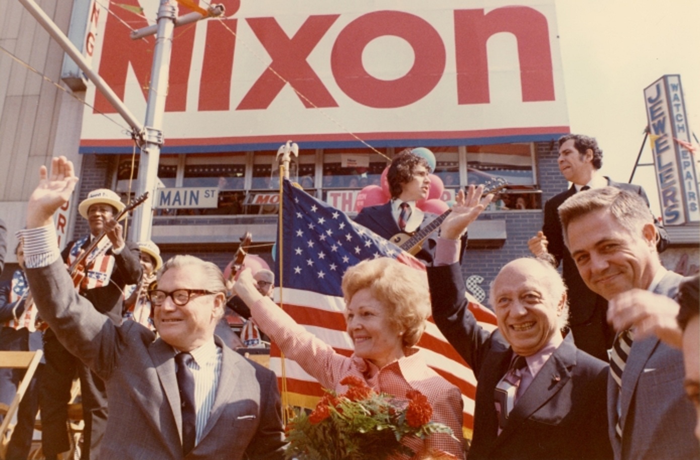 86. At a Nixon 1972 campaign rally on Main Street in Flushing, Queens, New York with Governor Nelson Rockefeller, and US Senators Jacob Javits and James Buckley.