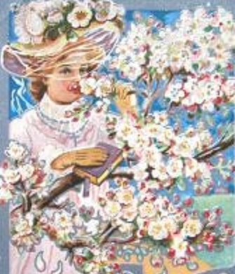 An Easter postcard depicting a woman vaguely resembling Nellie Taft at a blooming cherry blossom tree.