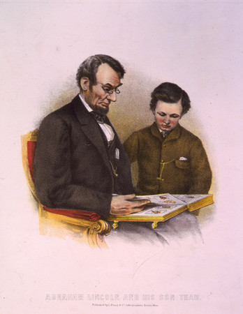 A colorized version of the famous image of President Lincoln and First Son Tad Lincoln.