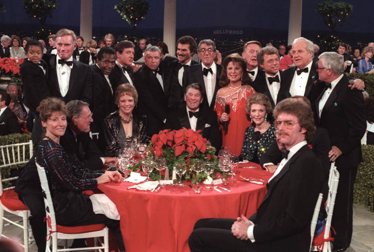 President Reagan's birthday celebrated at the NBC-TV studio lot, in Hollywood with actors including Emmauel Lewis, Charlton Heston, Frank Sinatra, Dean Martin, Edie Gormie and Steve Lawrence, among others.