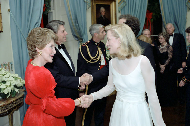 Meryl Streep greeted in the Blue Room during the traditional White House reception held at the time of the Kennedy Center Honors.
