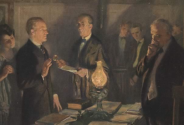A painting later made depicting Coolidge repeating the presidential oath of office, administered by his father, a justice of the peace at their Vermont country home in August of 1923.