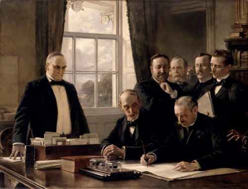 McKinley is depicted as watching the peace treaty with Spain being signed in a massive canvas now in the White House Collection.