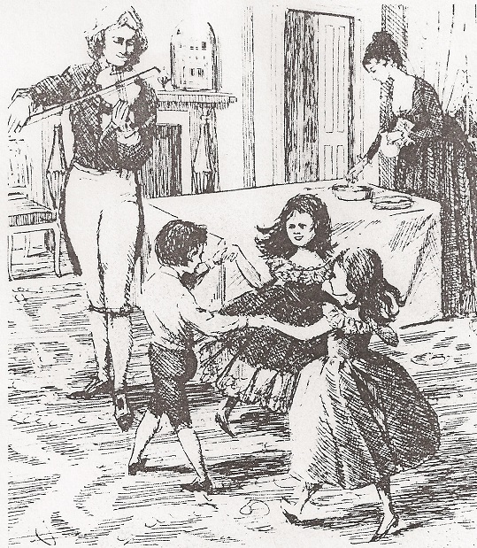 n illustration imagining the 1805 Christmas Day of President Jefferson, fiddling to his grandchildren s his daughter Martha Randolph prepares table.