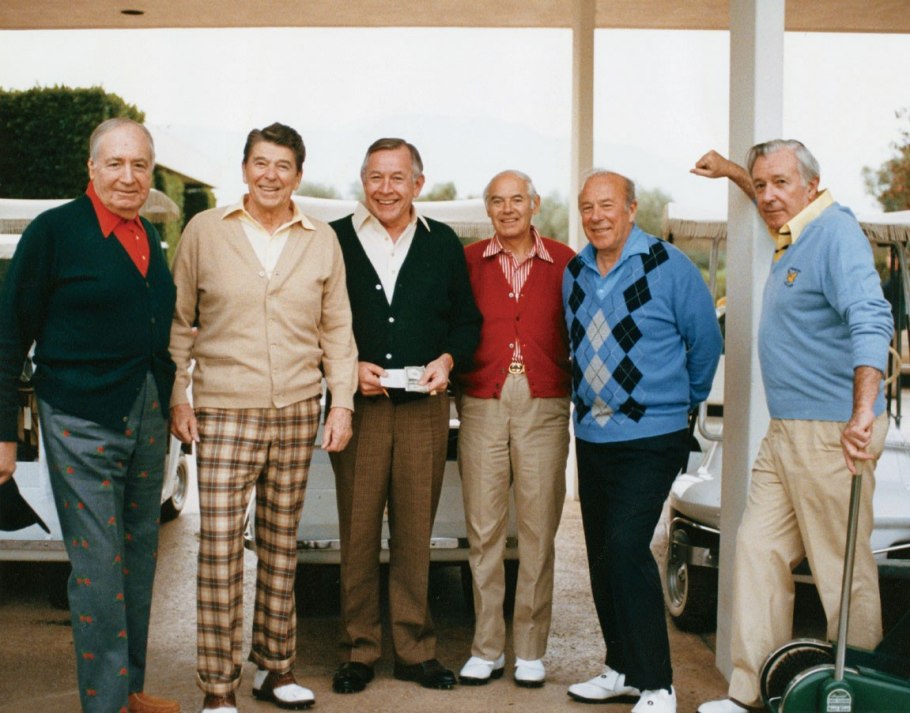 Annenberg, the President, Ambassador Charles Wilson, Attorney General William French Smith, Secretary of State George Schultz, Chief of Staff Don Regan at Sunnylands for New Year's in 1985.