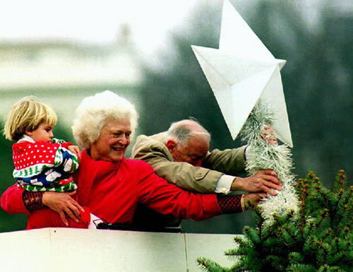 Barbara Bush in her final ceremonial role placing the star atop the National Christmas Tree, 1992.
