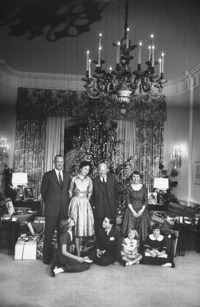 The Eisenhowers in the White House West Sitting Hall, Christmas 1959.