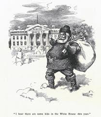 A political cartoon depicted Santa coming to the White House on Christmas, remarking, "I hear that there are some kids in the White House this year."