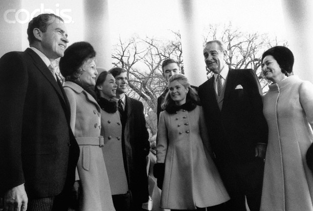 Inauguration Day 1969. President Nixon and his family with Lyndon Baines Johnson and Lady Bird Johnson. From left to right are Richard Nixon, Pat Nixon, Tricia Nixon, Dwight David Eisenhower, II, Julie Nixon Eisenhower, Lyndon Baines and Lady Bird Johnson.