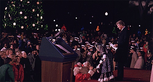 Jimmy Carter and Amy Carter at the tree-lighting ceremony.