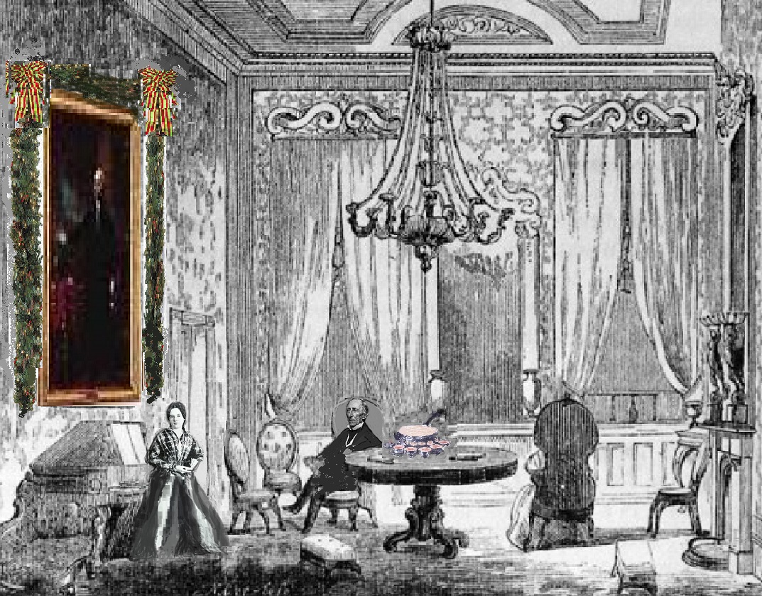 John and Julia Tyler depicted in the Red Room at Christmas as described, Washington's portrait hung with evergreen garland, eggnog on the table.