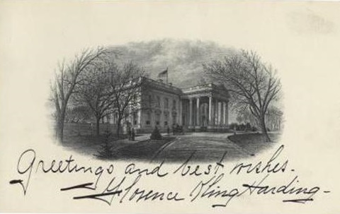 Mrs. Harding sent out her regular signature card on a White House engraving like this one but with a wish for Happy Holidays.