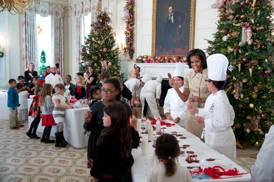 Mrs. Obama invited the children of active members of the U.S. military to join in an afternoon of helping craft tree ornaments.