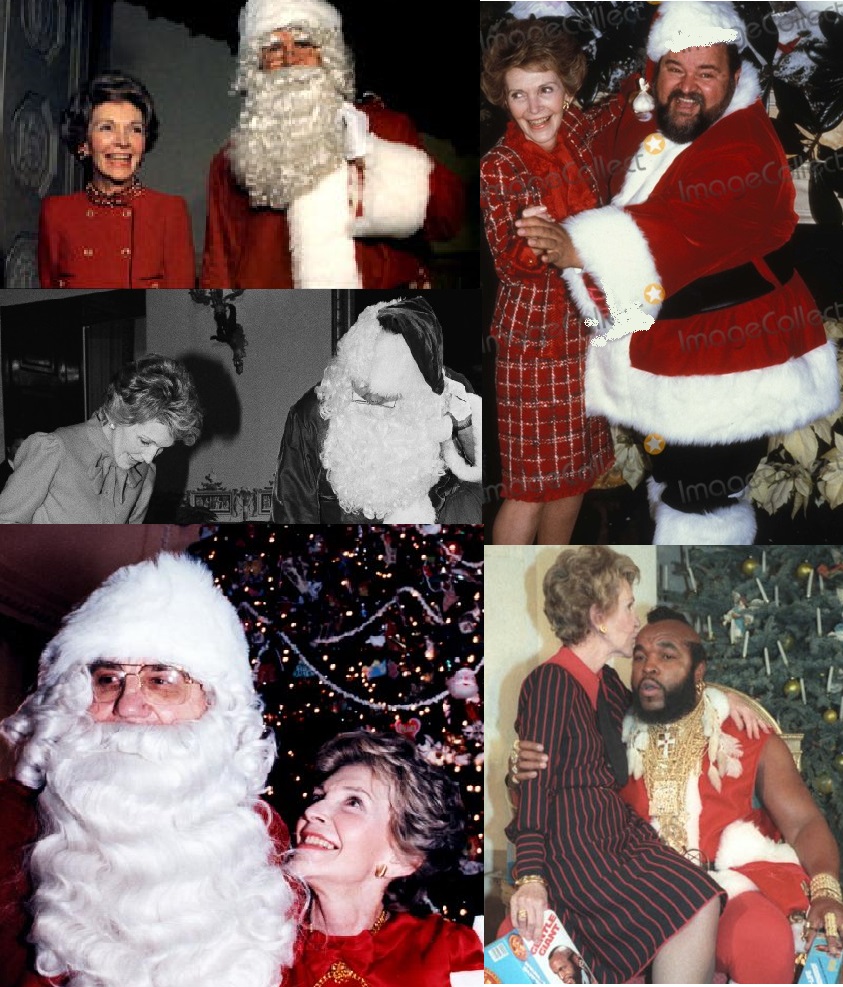 Nancy Reagan with celebrity Santas (upper lft, clcokwise) Washington Redskins's John Riggins, Dom DeLuise, Mr. T, Ed McMahon, Willard Scott.