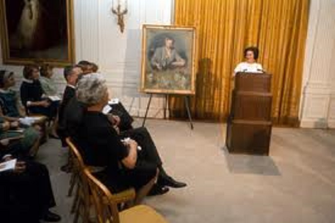 Lady Bird Johnson speaking at the White House unveiling ceremony of Eleanor Roosevelt's portrait, 1960s.