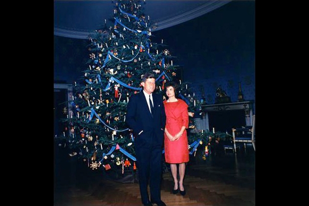 The Kennedys in front of the Nutcracker Suite theme tree, 1961, marking the First Lady's interest in ballet.