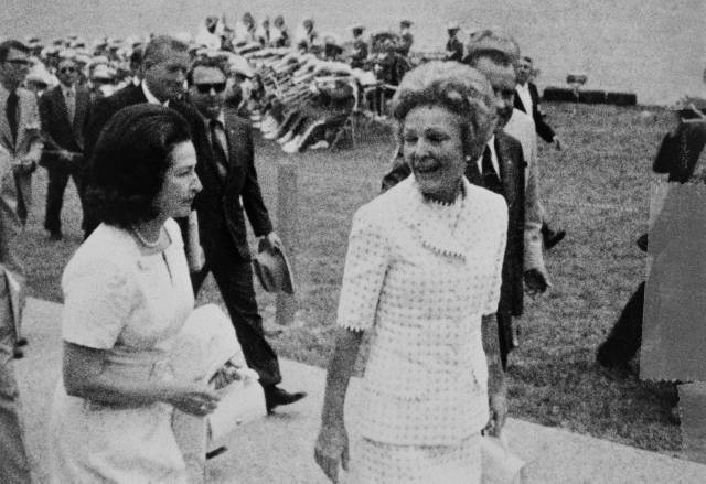 With Mrs. Nixon at the 1971 dedication of the LBJ Library.