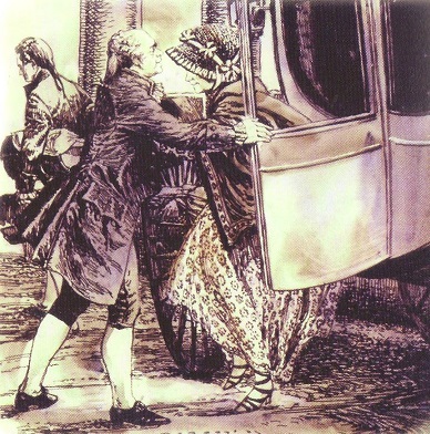 A later impression of Abigail Adam being welcomed to the new presidential mansion in Washington by her husband. White House Hiistorical Association