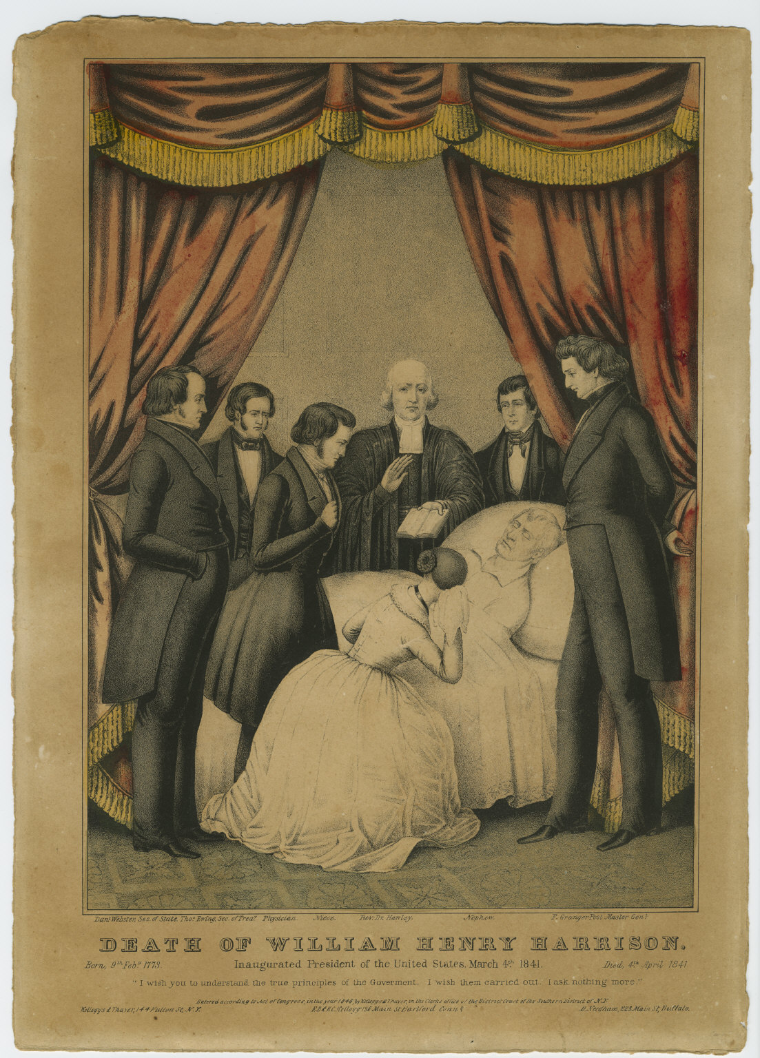 A woman depicted at President Harrison's deathbed a month after his inauguration may have been intended to portray his daughter Anna.
