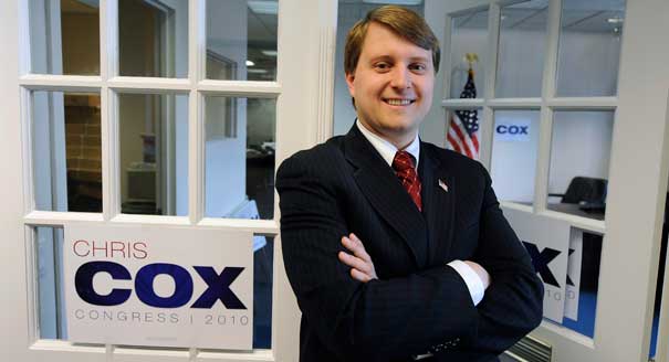 Christopher Cox in front of his 2010 campaign office for a Republican U.S. Congresssional nomination in Suffolk County, New York. AP