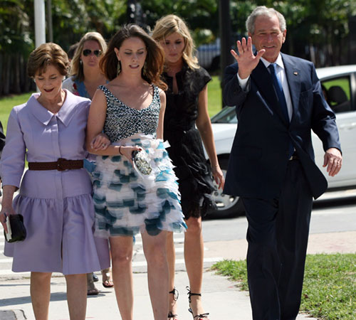 Former President George W. Bush, former First Lady Laura Bush, their daughters Barbara and Jenna another Bush cousin arrive at the wedding of Jebby Bush.