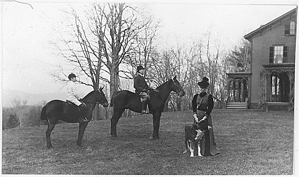 Franklin with his father on horses, his mother posed with a family dog. (FDR Library)