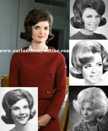 Jackie Kennedy's bubble or bouffant even influenced future FLOTUS Laura Bush (lower left) and was still in evidence two decades later among her hardcore devotees (lower right).