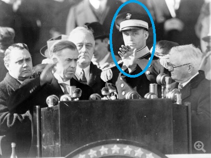 Jimmy Roosevelt at the 1941 Inauguration in circle, as Vice Presidnert Wallace is sworn in.
