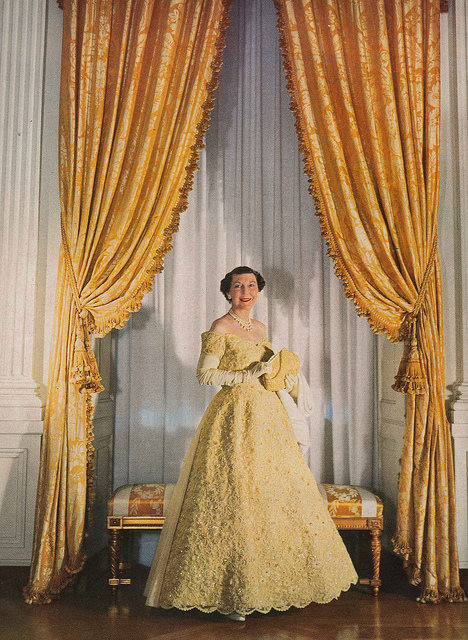 Mamie Eisenhower in her citron-colored 1957 Inaugural Ball gown, never popular compared to her legendary pink one from the 1953 one.