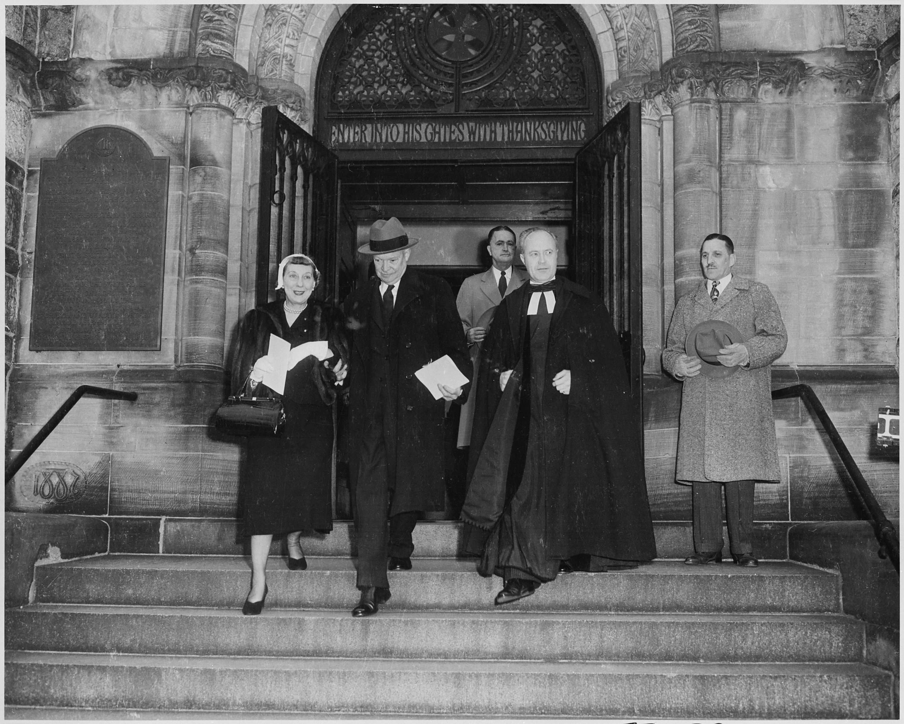 The Eisenhowers exit church on Sunday, 1953.