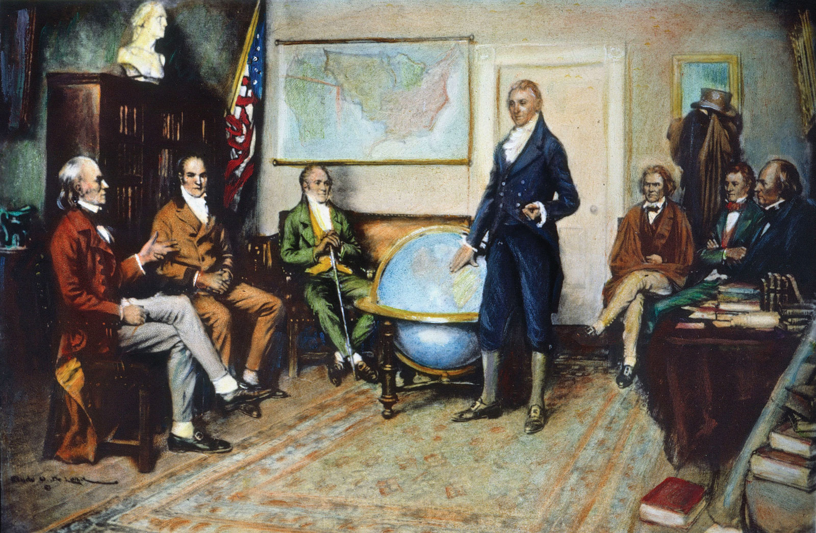 President Monroe gathered with his Cabinet,(Adams in light brown suit, second from left)  the only fellow still in knee breeches.