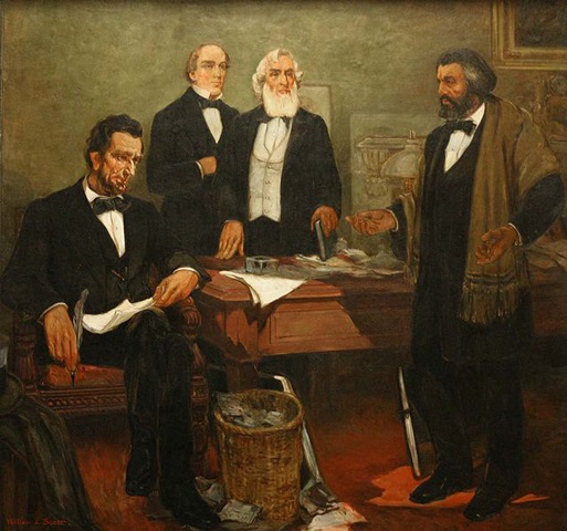 A 20th century painting depicting Frederick Douglass calling on Lincoln in response to the President's call for black Union Army enlistments. (Interior Dept.)