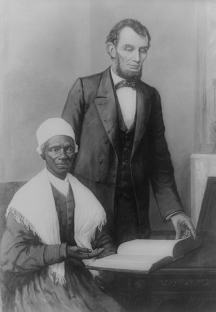 An imagined version of Lincoln showing Sojourner Truth his Bible during their White House meeting.