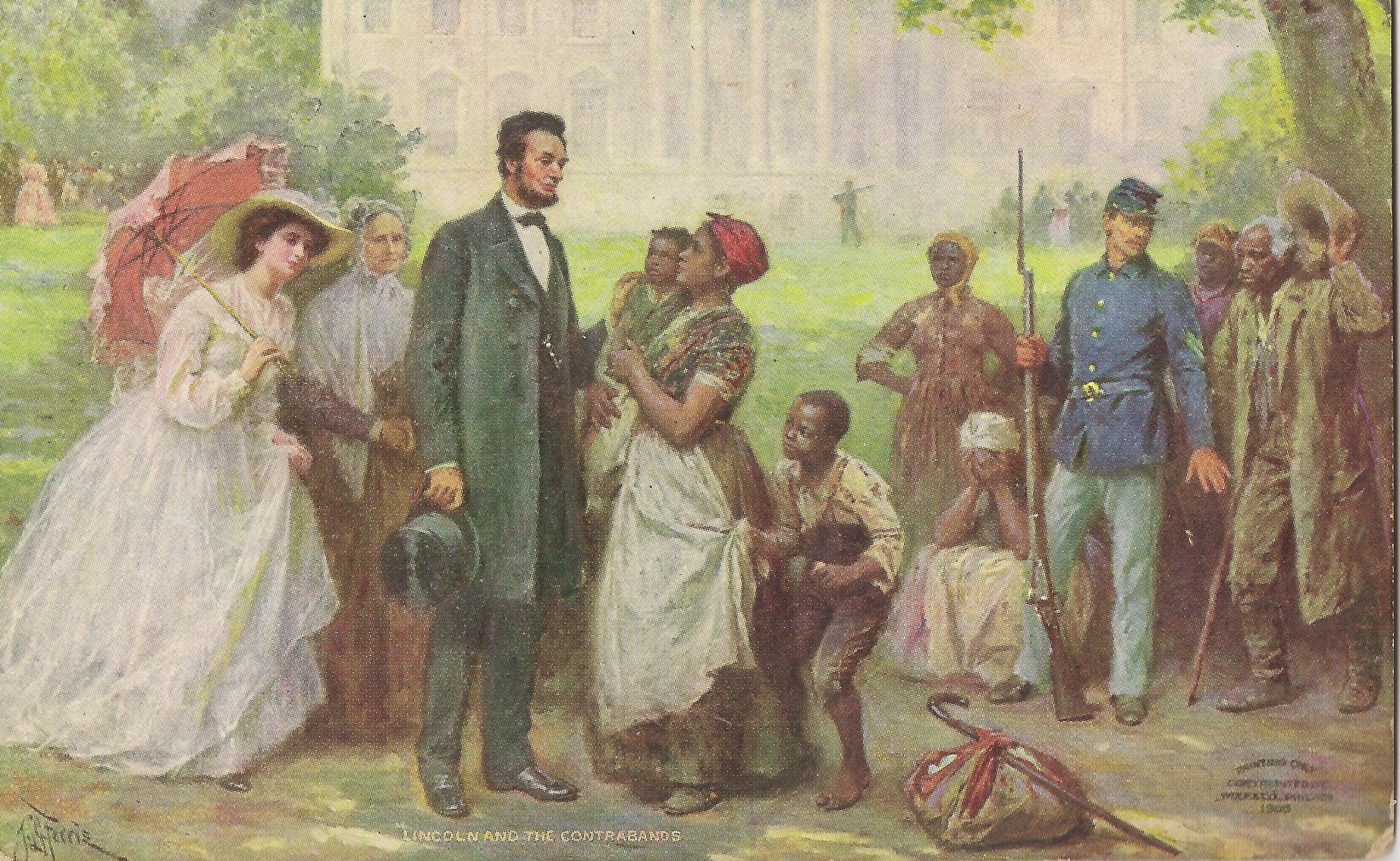 A later depiction imagining Lincoln speaking with freed slaves during a White House lawn reception.