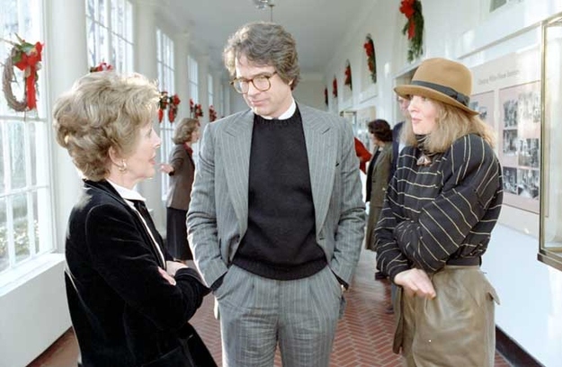 Nancy Reagan talks to Warren Beatty and Diane Keaton after a White House screening of their film Reds.