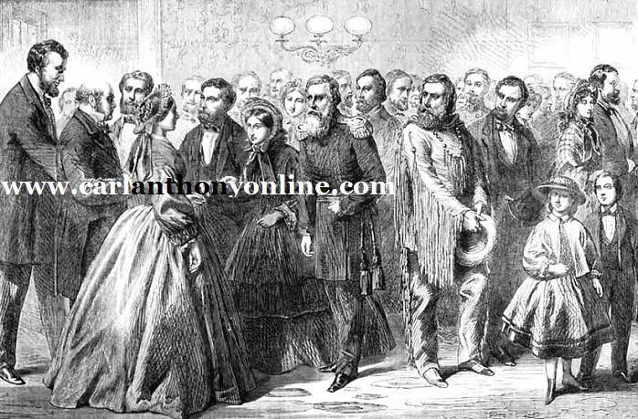 President Lincoln and the First Lady receiving New Year's Day Reception guests in the Blue Room, 1863.