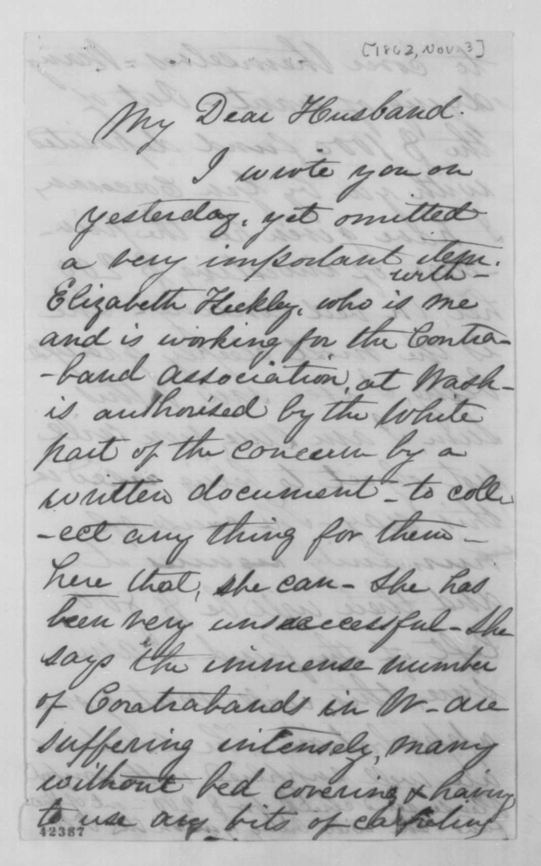 The first page of Mary Lincoln's letter to Abraham Lincoln November 3, 1862 regarding the Contraband Relief Association.
