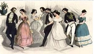 A depiction of young people dancing the popular polka in the era of Julia Tyler.