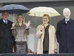 Incumbent President George W. Bush with Chelsea, Hillary and Bill Clinton at the 2005 Clinton Library dedication.